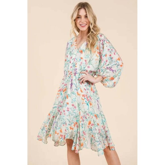 Lime 'N' Chili Floral Cinched Waist Balloon Sleeve V-Neck Dress - Picture 1 of 10
